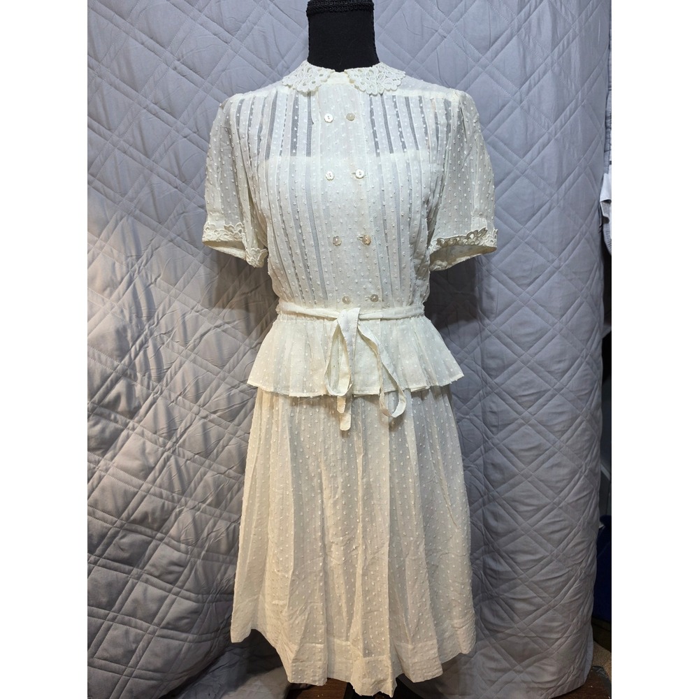 Albert Nipon Vintage 4pc Swiss Dot Lace Collar Peplum Top Skirt Slip Set Size 4